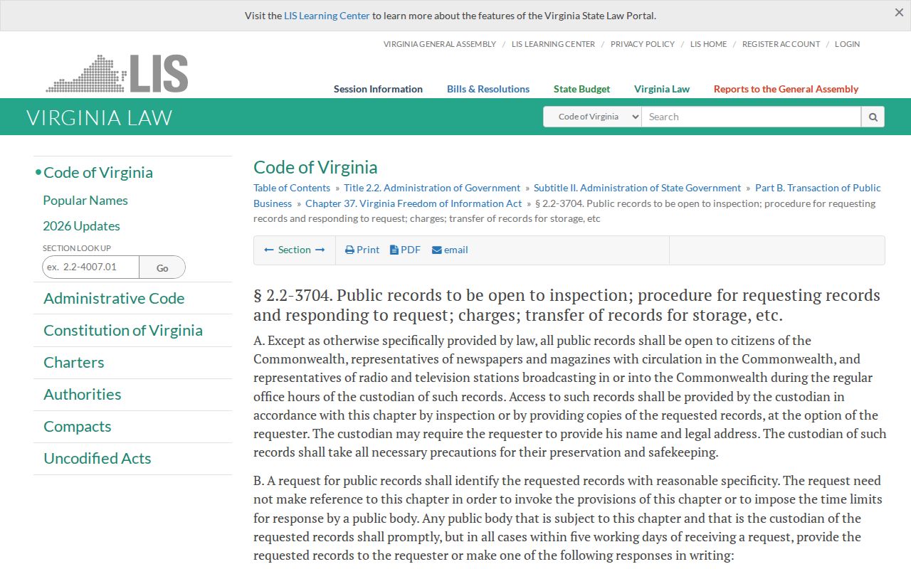 Lake Ridge residents directory source, Virginia FOIA access statute