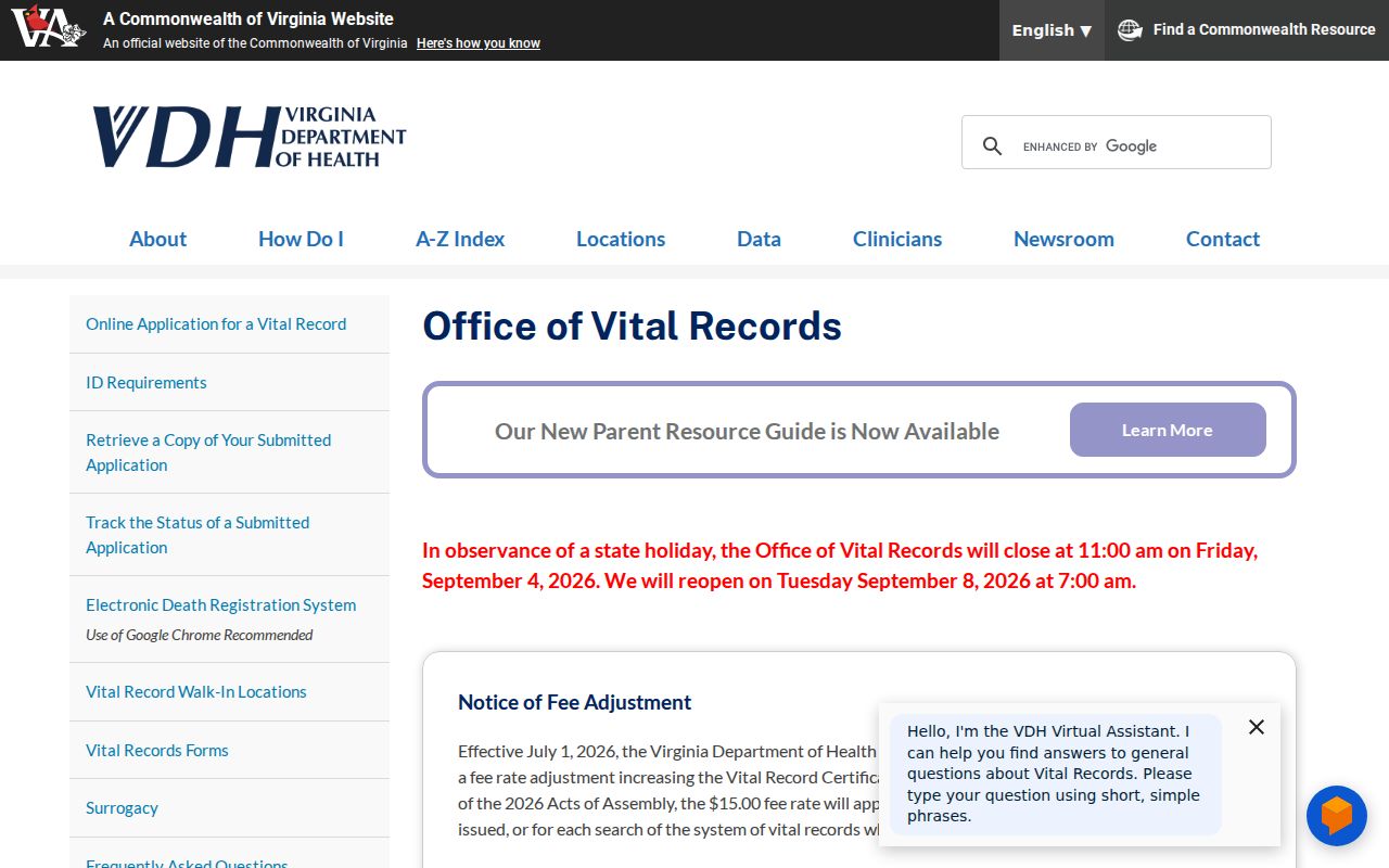 Lake Ridge residents directory source, Virginia vital records office