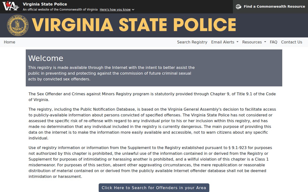 Lake Ridge residents directory source, Virginia public safety registry