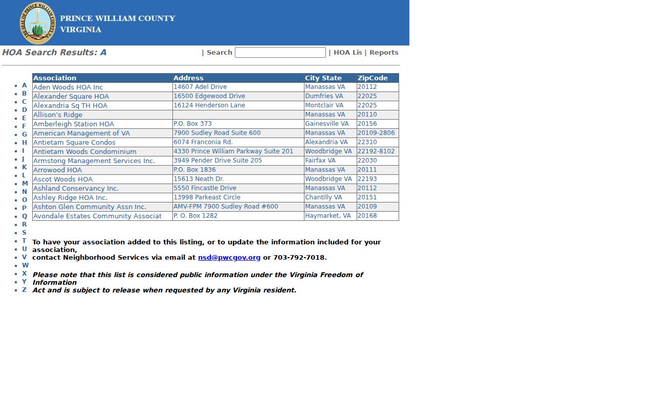Lake Ridge neighbors Prince William HOA and COA association search