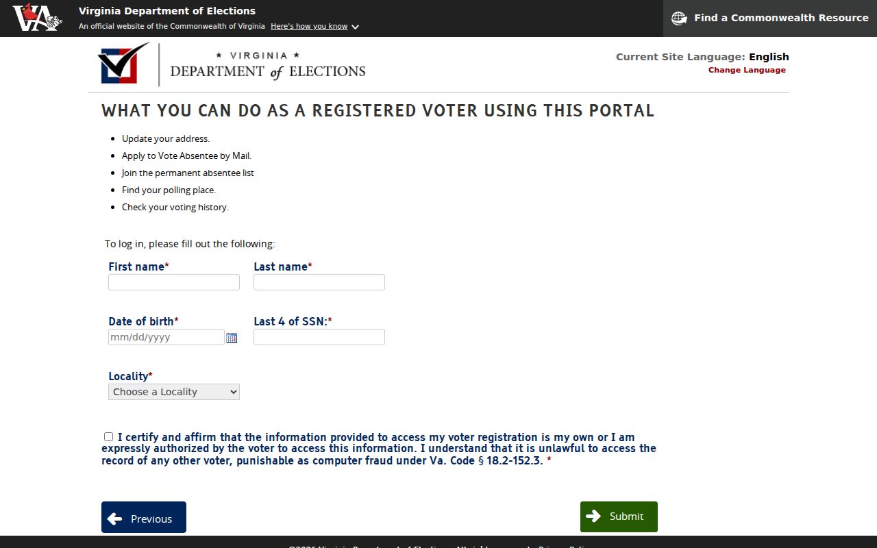 Lake Ridge resident record limits on the Virginia voter-status form